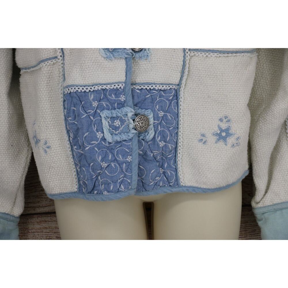 VINTAGE Flashback Womens Sz Large Tapestry Heavy Knit Jacket White Denim Blue - Picture 5 of 7